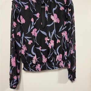 Dolby smocked neck romantic sheer Floral Black and Pink Women's Top sz small